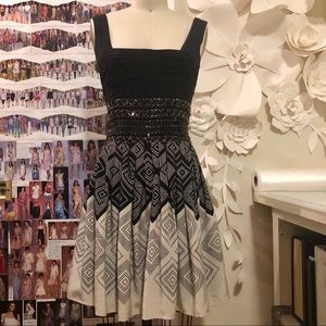 Bebe Black Dress with Ruched Beaded Bodice